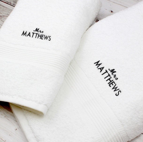 Personalised Mr/Mrs Pack of 2 Towel White Colour Customise your own Size 75x45cm image 0