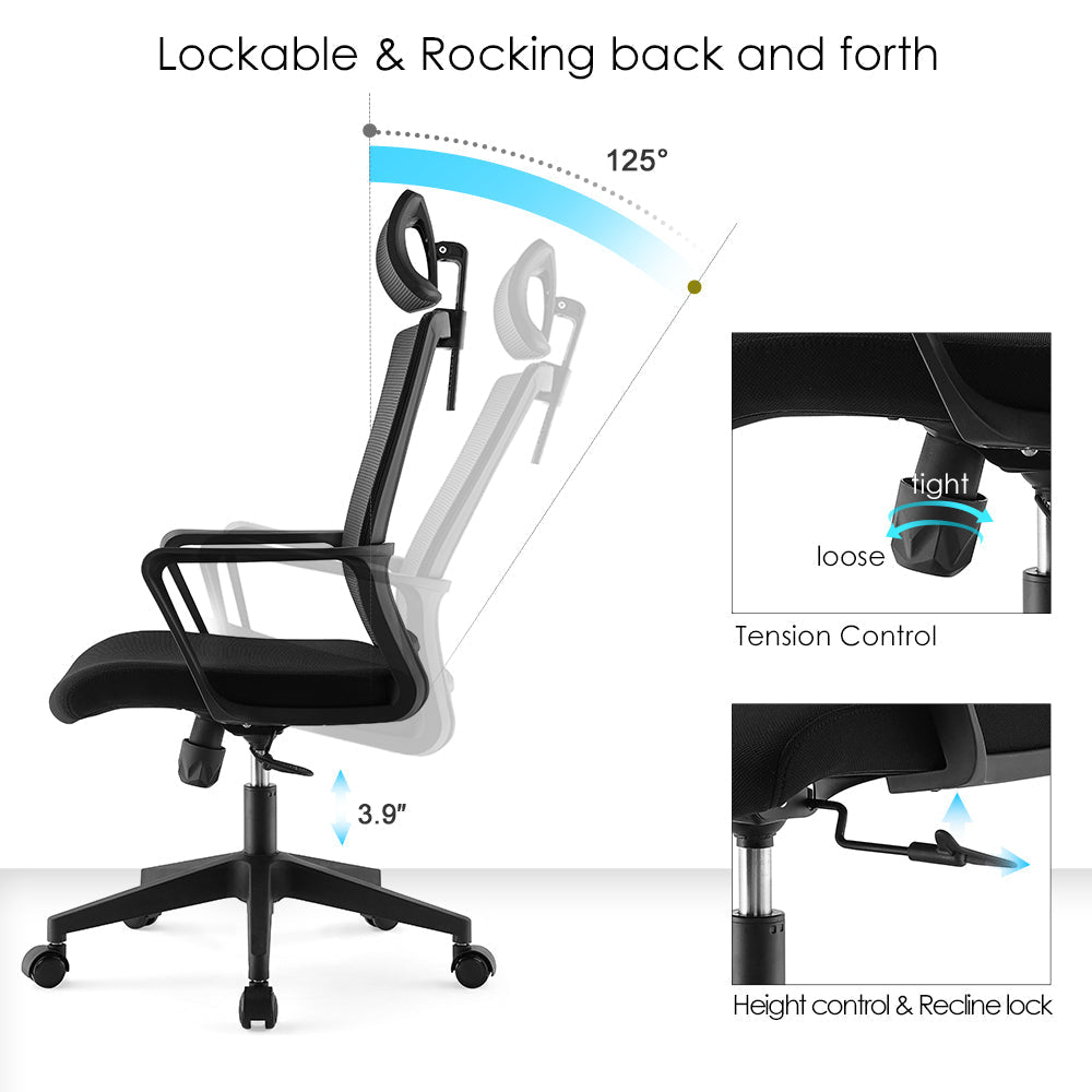 Office chair high back ergonomic swivel computer gaming chair black - Grey