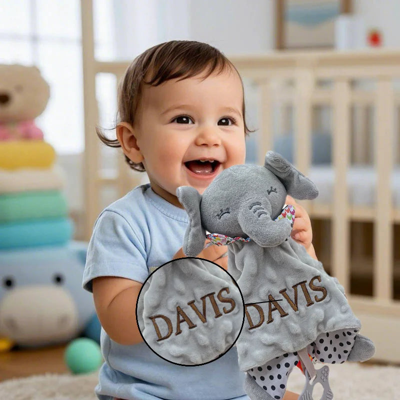 Personalised Baby Elephant Security Blanket With Silicone Teether Organic cotton image 0